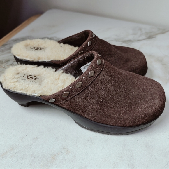 UGG Fiona Brown Suede Shearling Lined Slip On Clogs Mules, Sz 7 - Picture 3 of 10